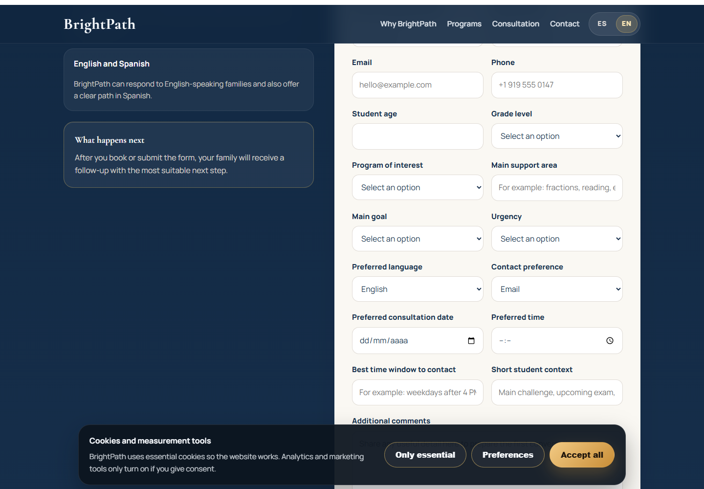 BrightPath Learning Center Demo: Contacto